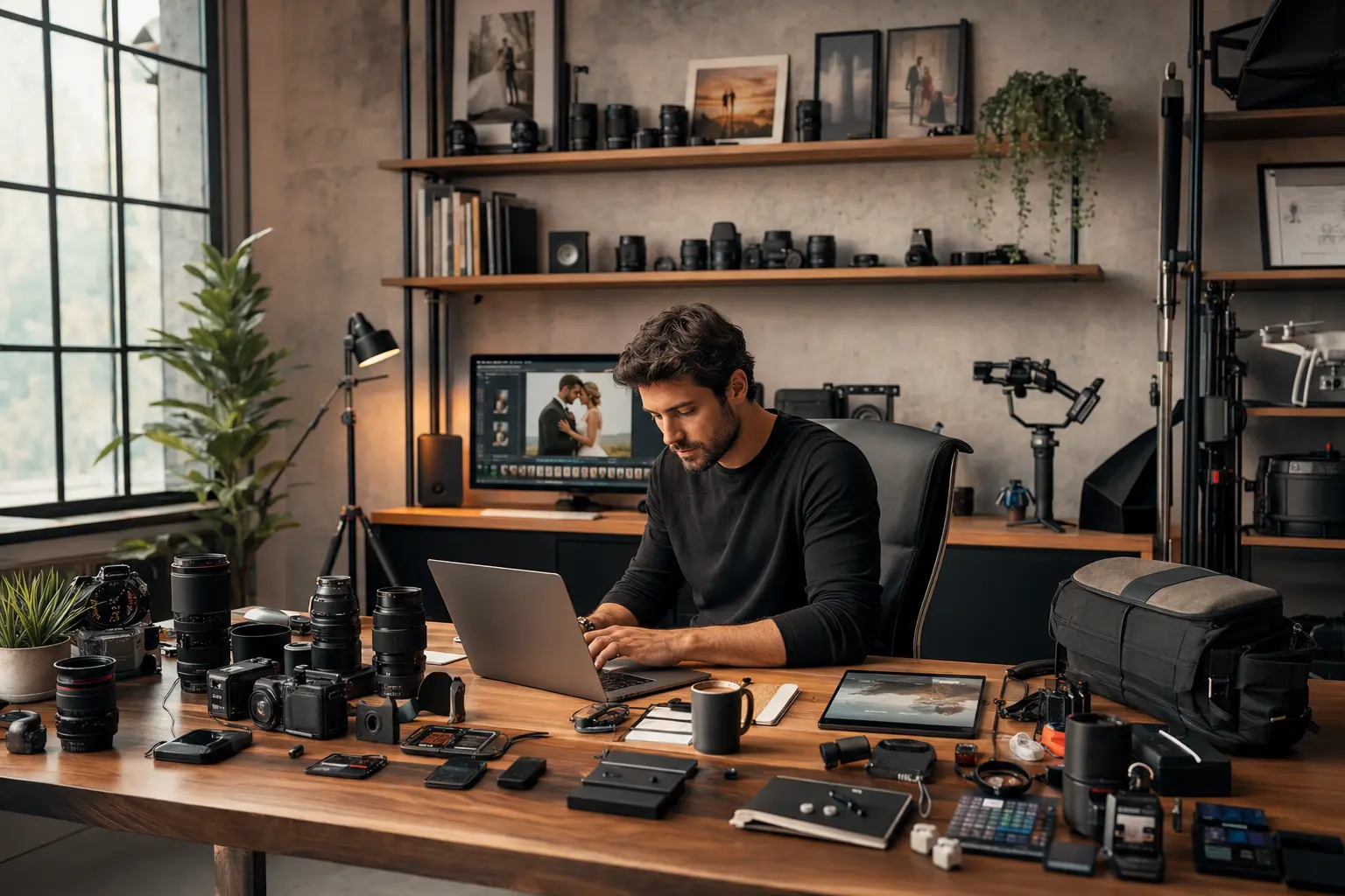 A photographer working at his studio desk — cameras, lenses, monitor showing wedding edits, gear bag on the side